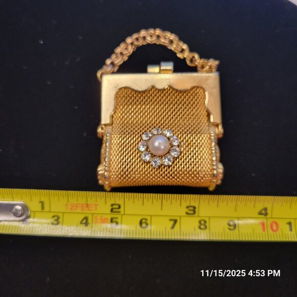 Mesh Purse Miniature Pill Coin Box Doll Gold Tone Jeweled Rhinestones 2" - Picture 9 of 9